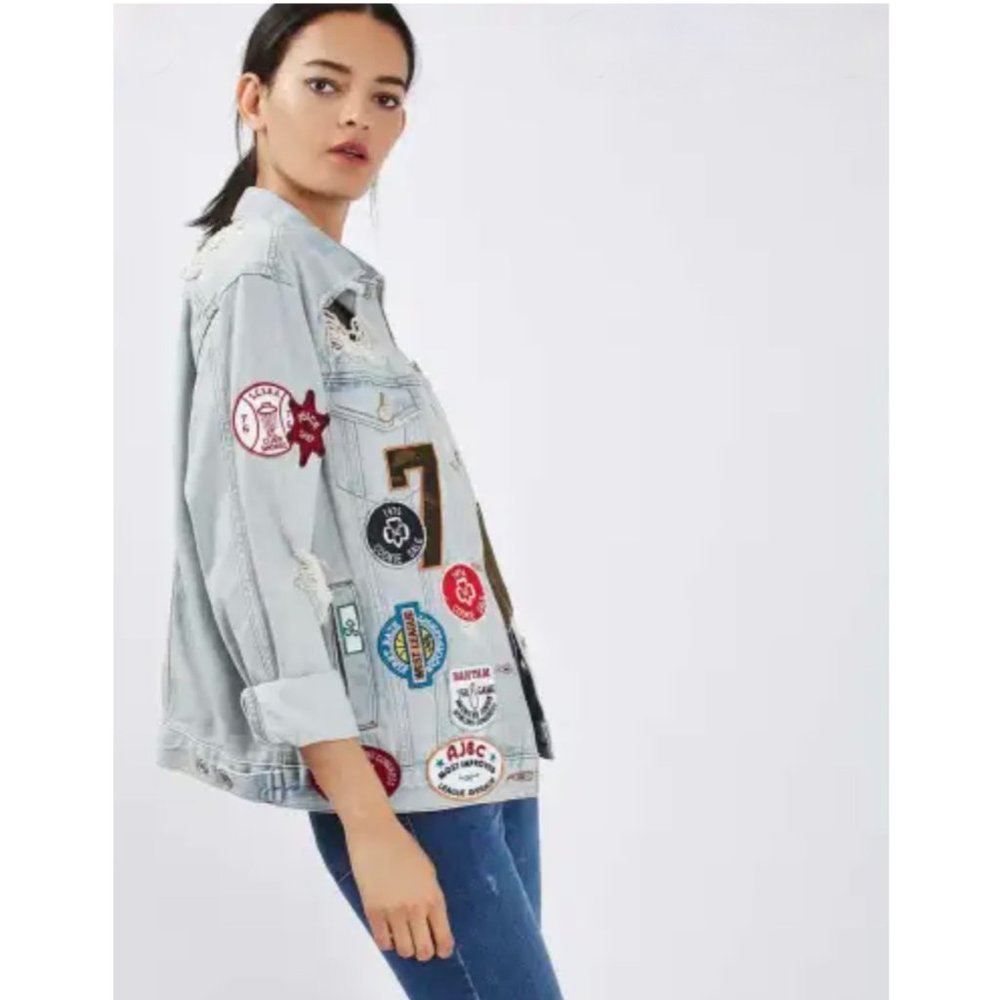 Topshop Moto Distressed Denim Jacket with Patches Vintage Style Size 12 or XL